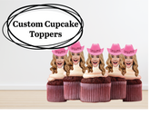 red velvet cupcakes with a photo of a womans face wearing pink cowgirl hats